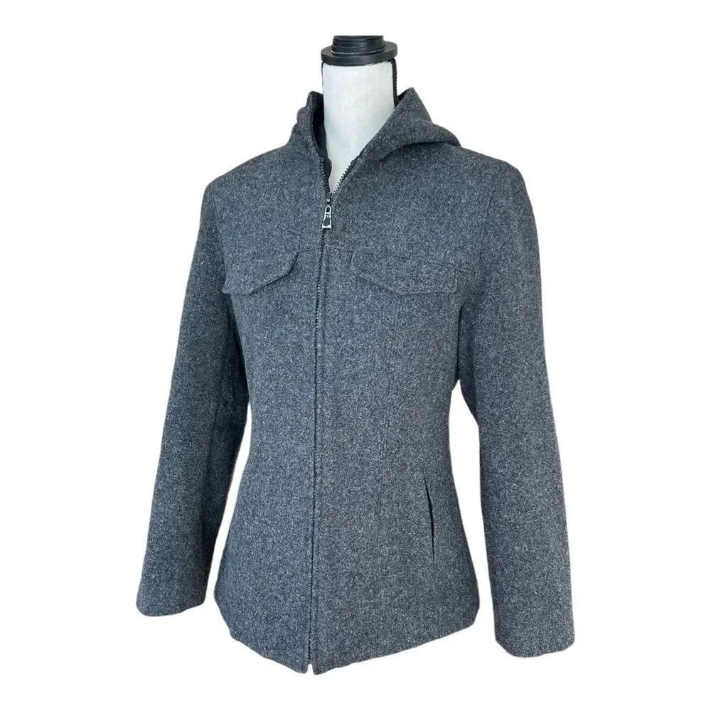 Charles Klein Womens Coat Wool Gray Zips Hooded Fitted Lined Pockets Jacket S